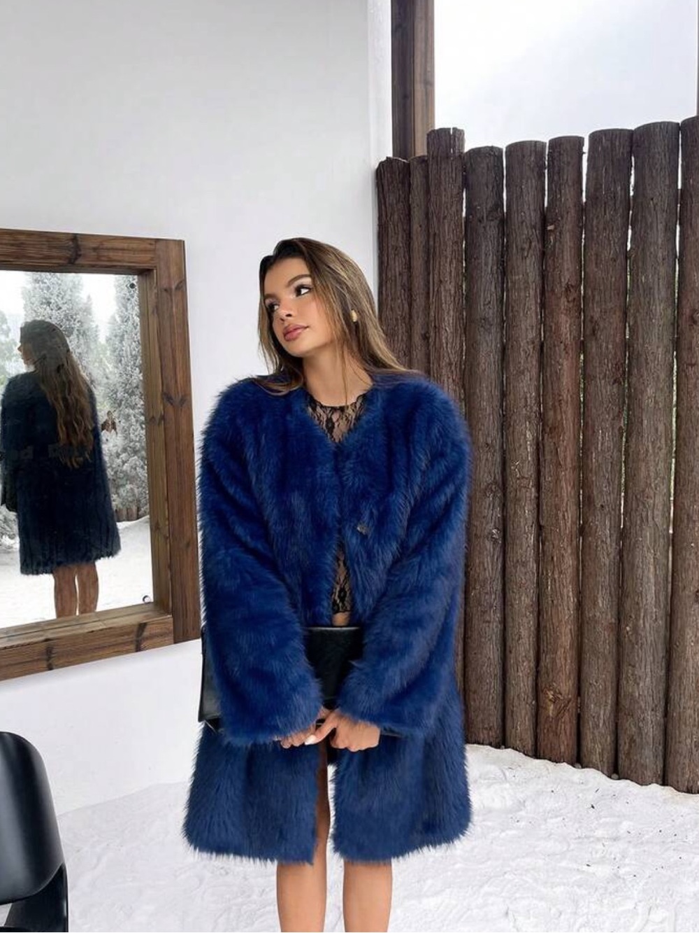 Women's Luxe Navy Faux Fur Coat - Elegant Winter Jacket